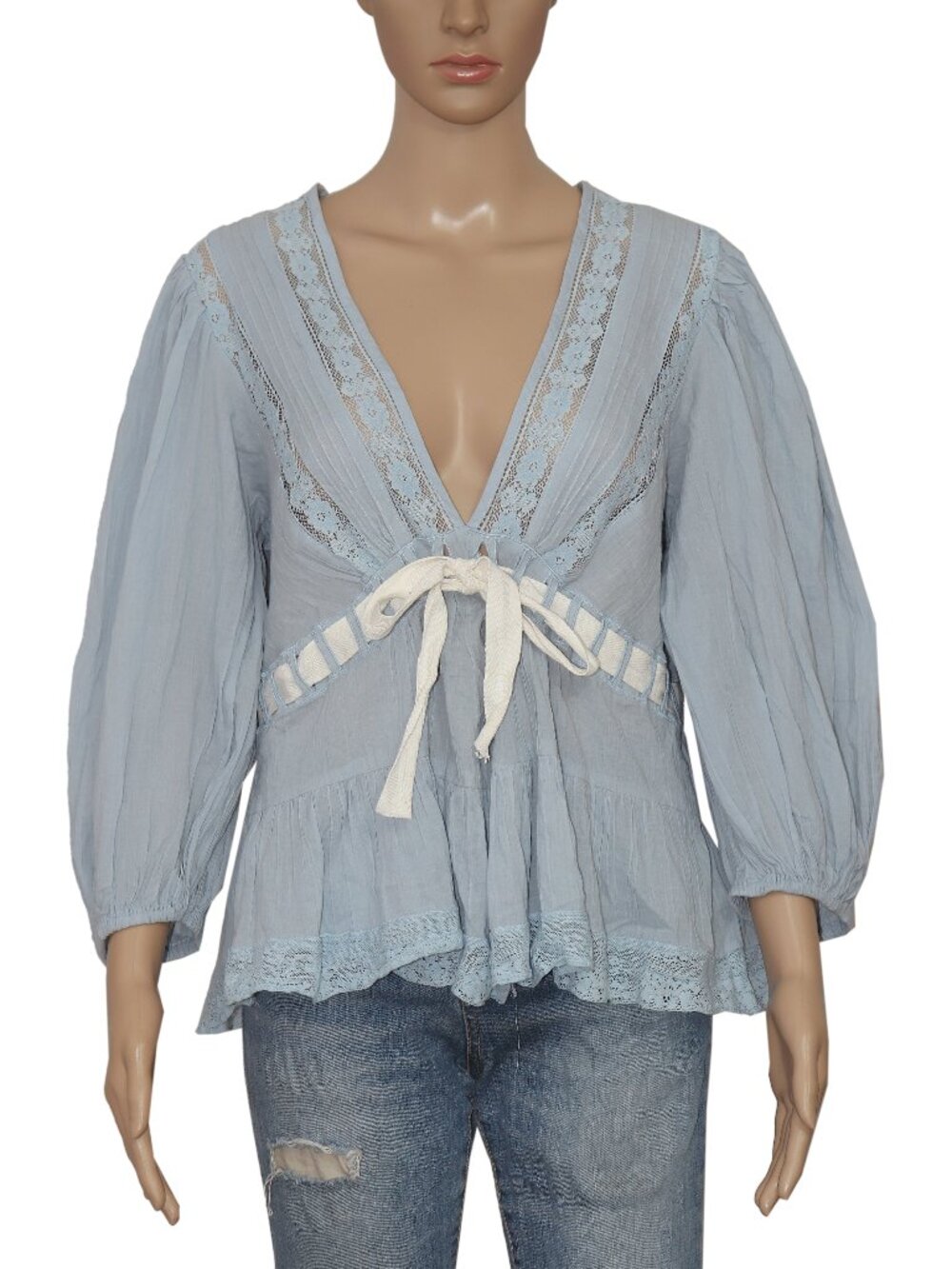 Free People Favorite Romance Tunic Blue Combo Wide Billowy Top M